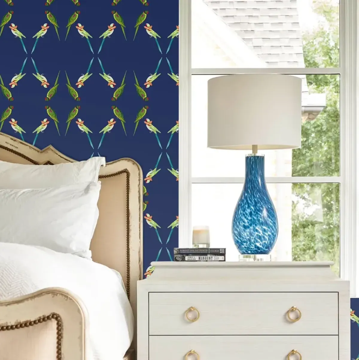 Tropical Birds on Navy Wallpaper