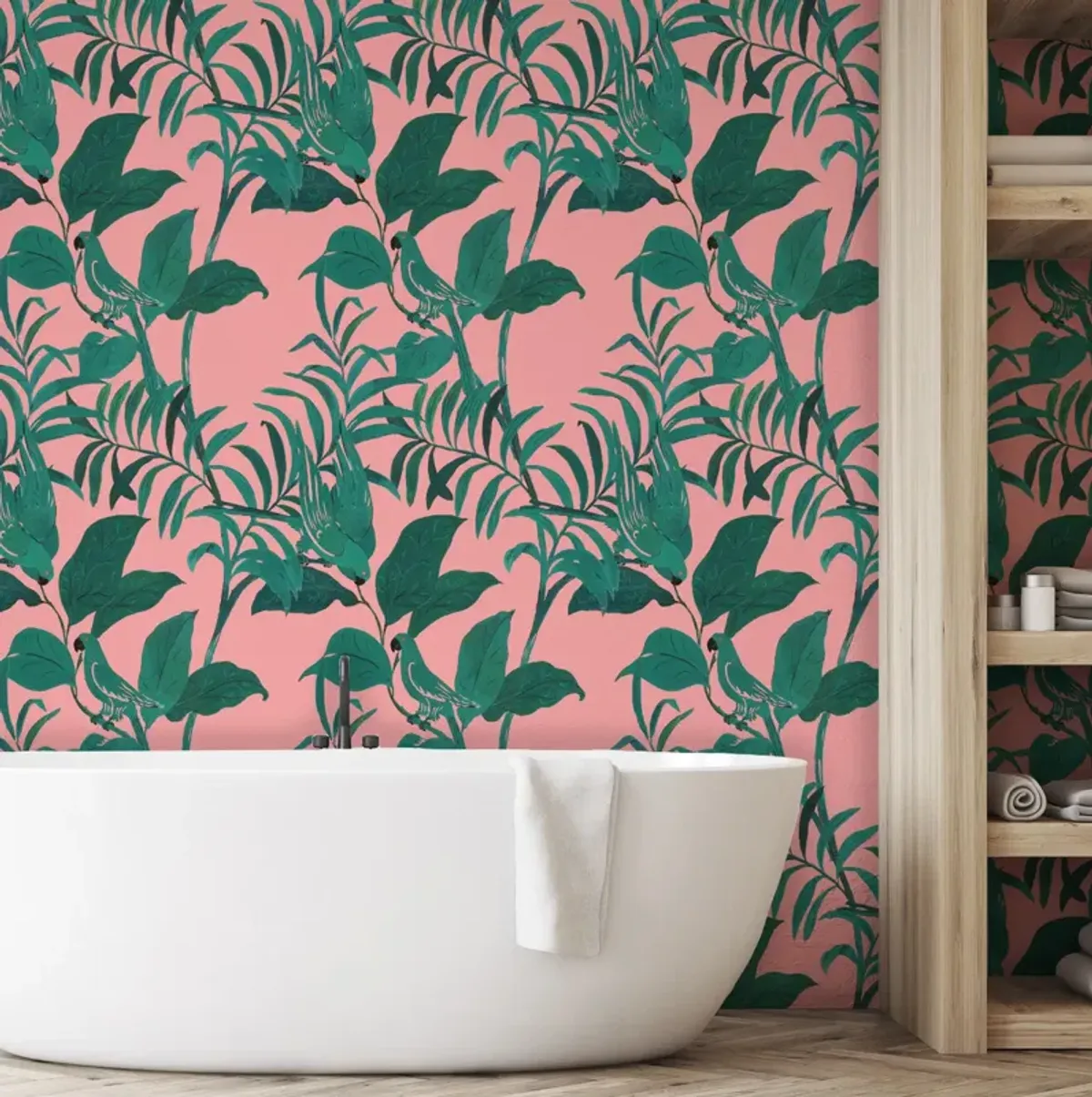 'Tropical Birds' Wallpaper in Pink & Green by Paule Marrot