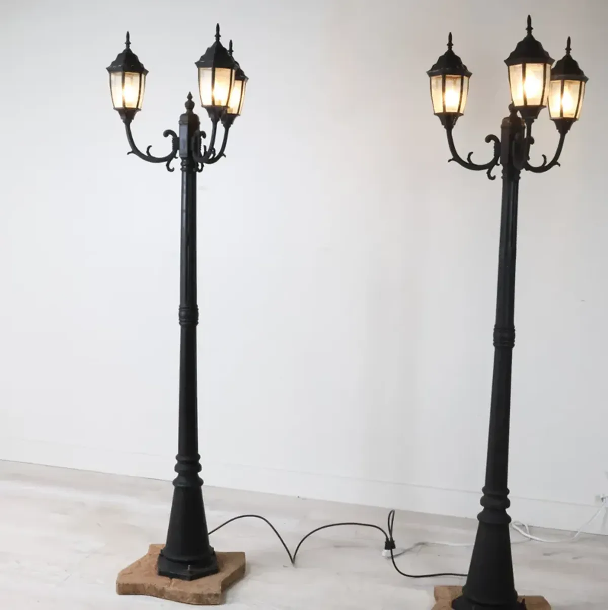 2 European Style Painted Cast Metal 3 Light Standards