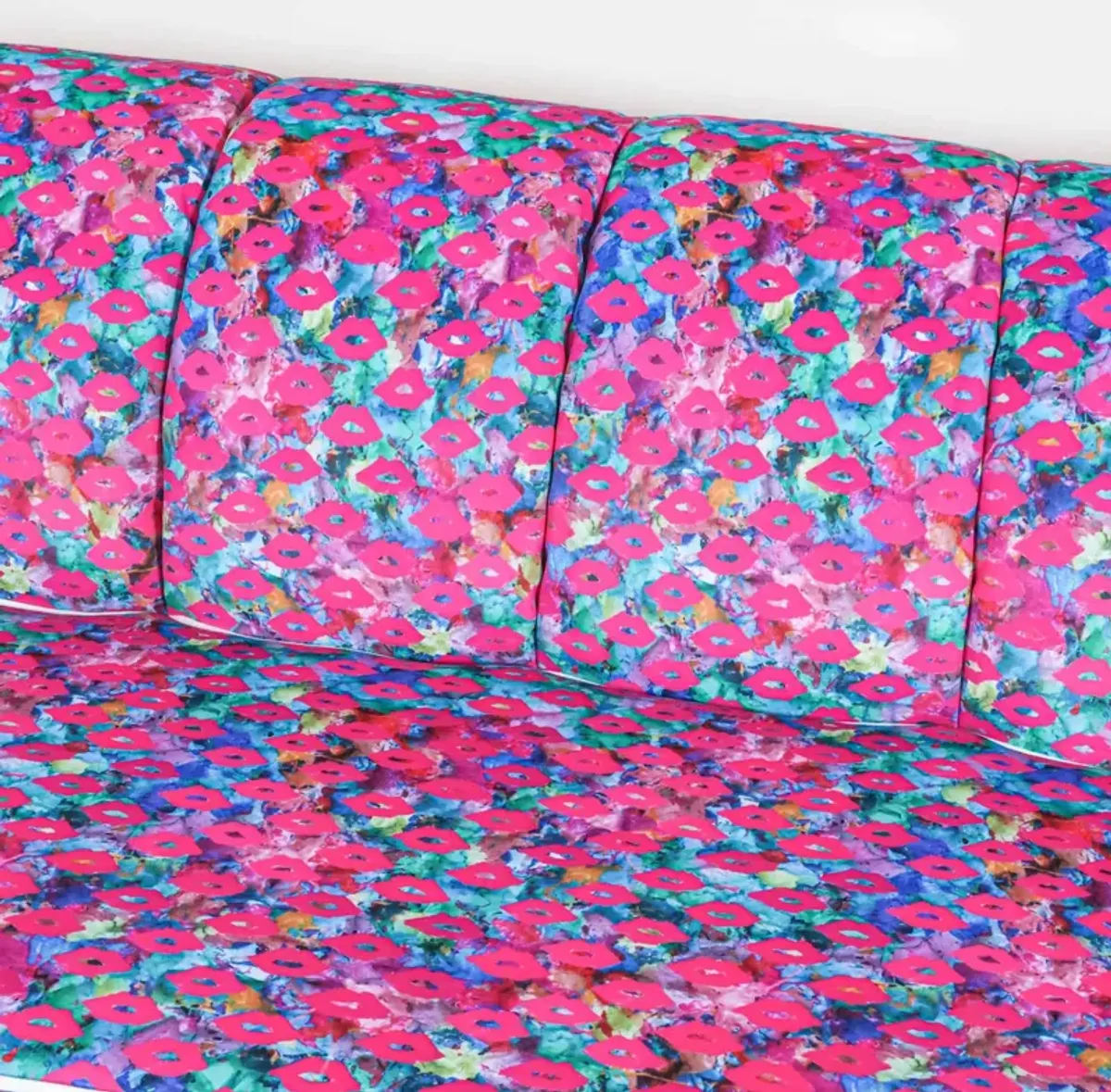 Baker Sofa with Channeling Recovered in Lips & Drips Fabric