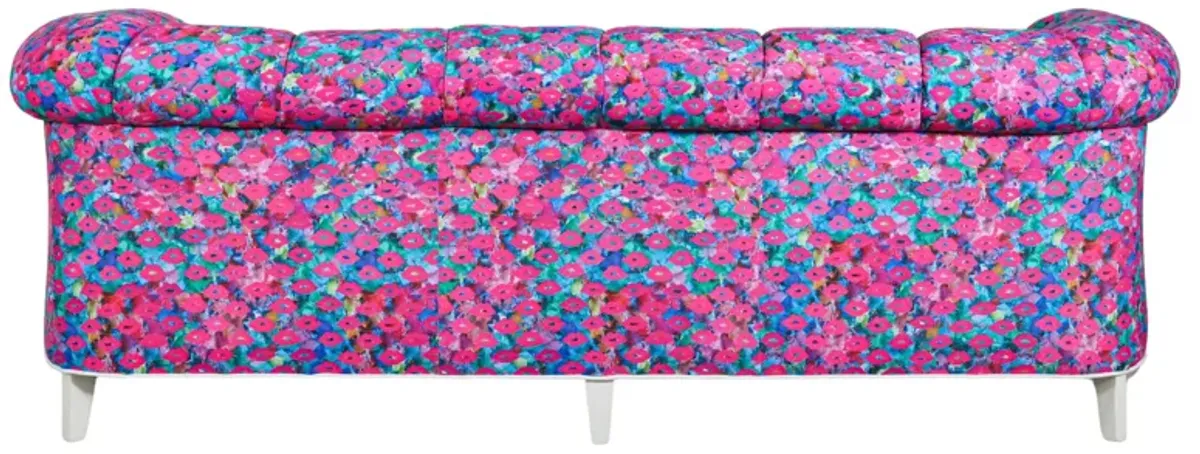 Baker Sofa with Channeling Recovered in Lips & Drips Fabric