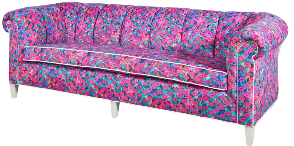 Baker Sofa with Channeling Recovered in Lips & Drips Fabric