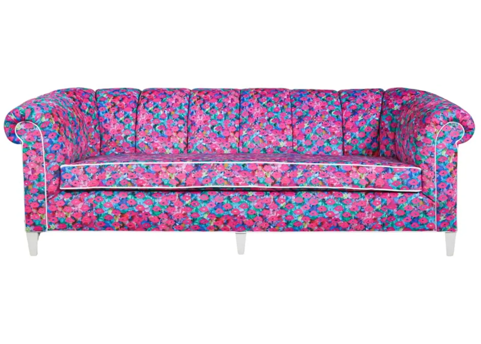 Baker Sofa with Channeling Recovered in Lips & Drips Fabric