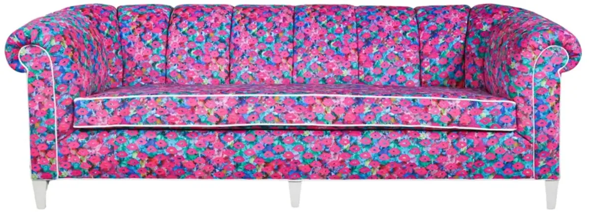 Baker Sofa with Channeling Recovered in Lips & Drips Fabric