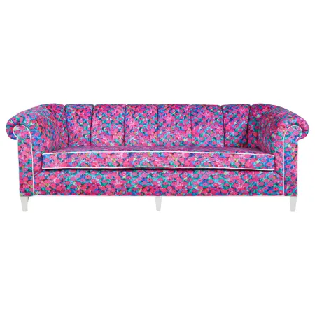 Baker Sofa with Channeling Recovered in Lips & Drips Fabric