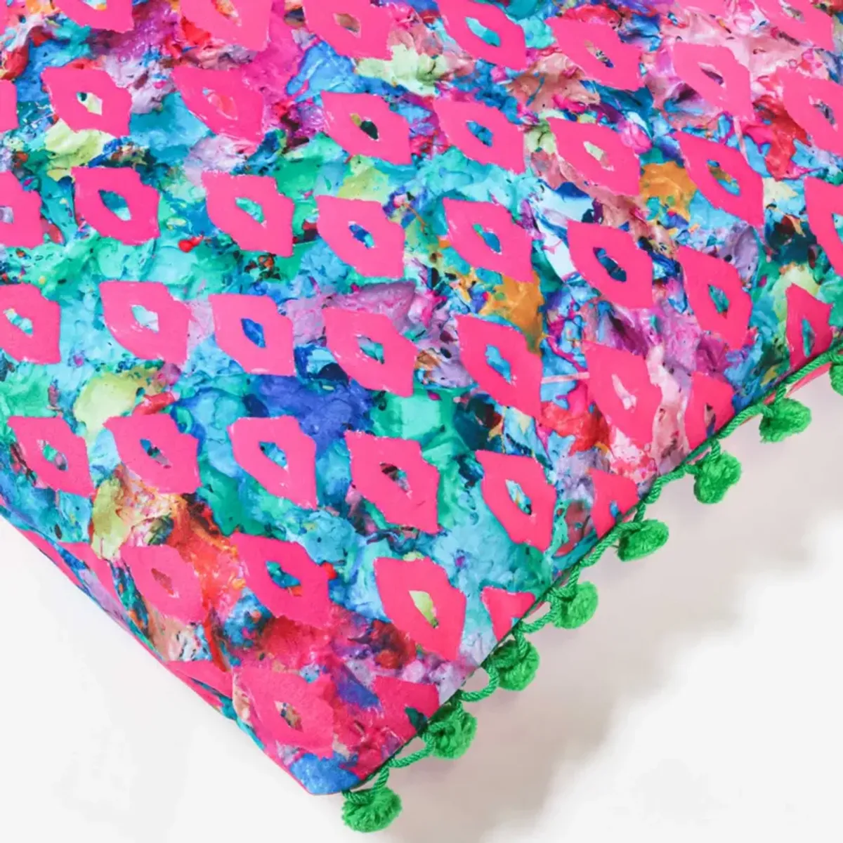 Lips & Drips Square Pillow with Green Poms