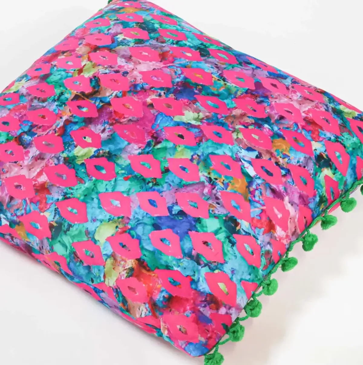 Lips & Drips Square Pillow with Green Poms