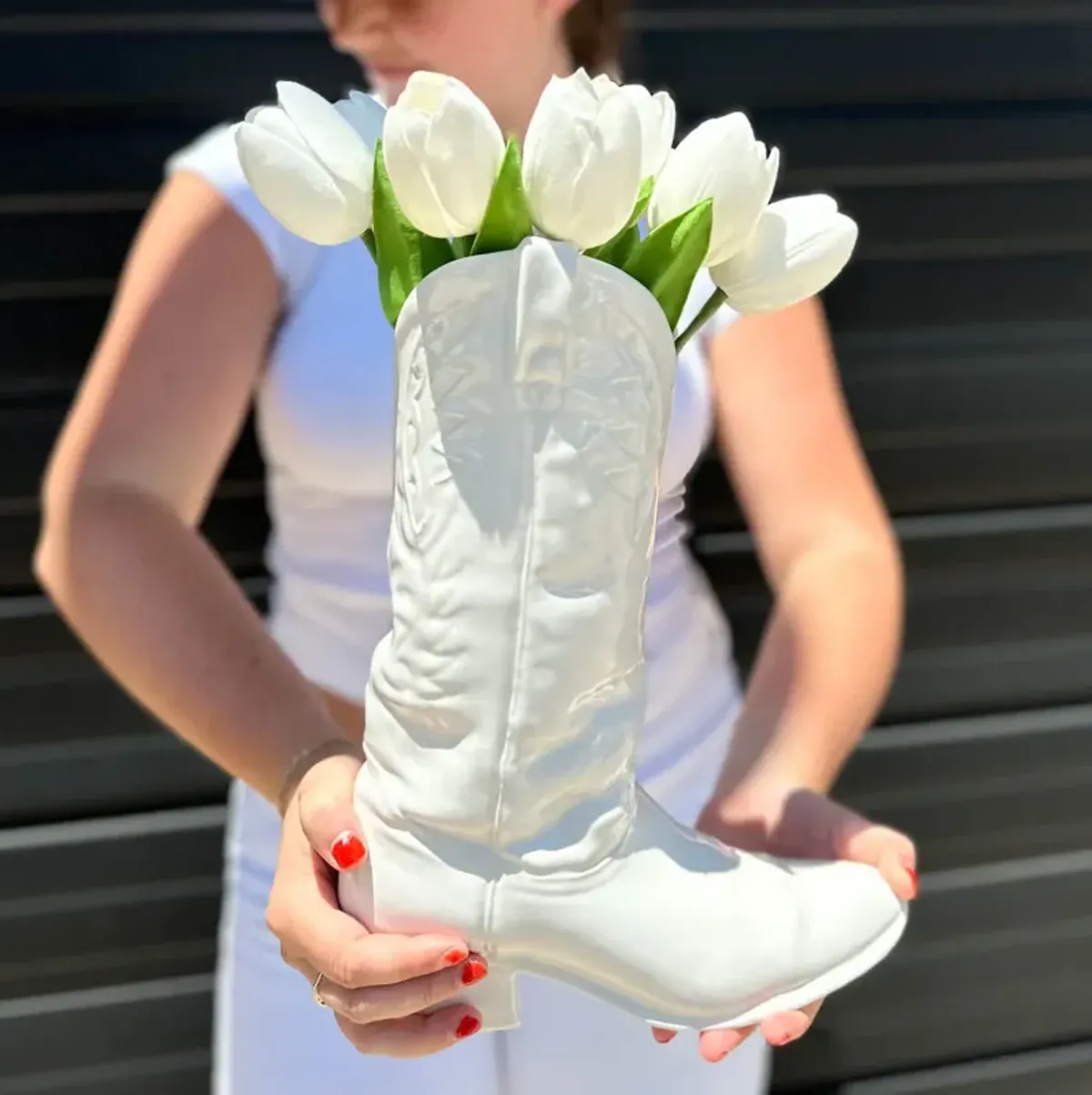 Cowboy Boot Vase in White