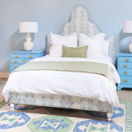 In Stock Hepburn Queen Bed in Inkblot Blue Fabric