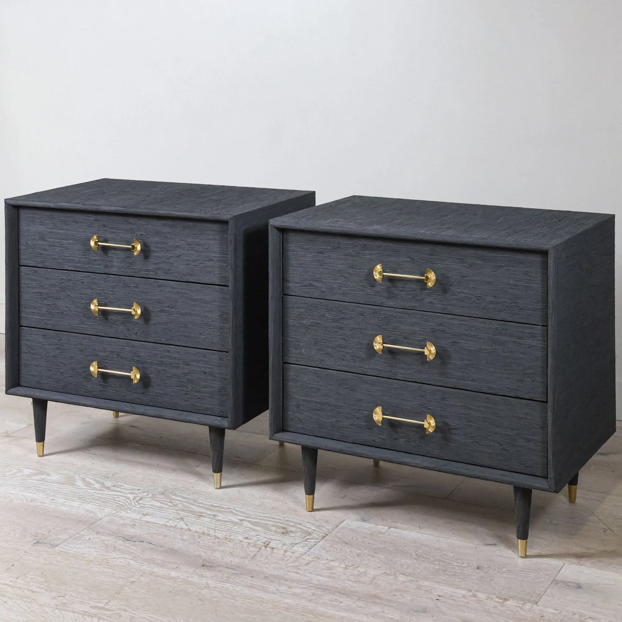 Pair of Oversized Vintage Chests in Poe Grasscloth with Brass Fan Handles