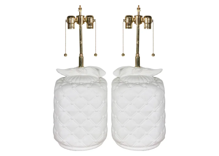 Pair Vintage White Tufted Lamps