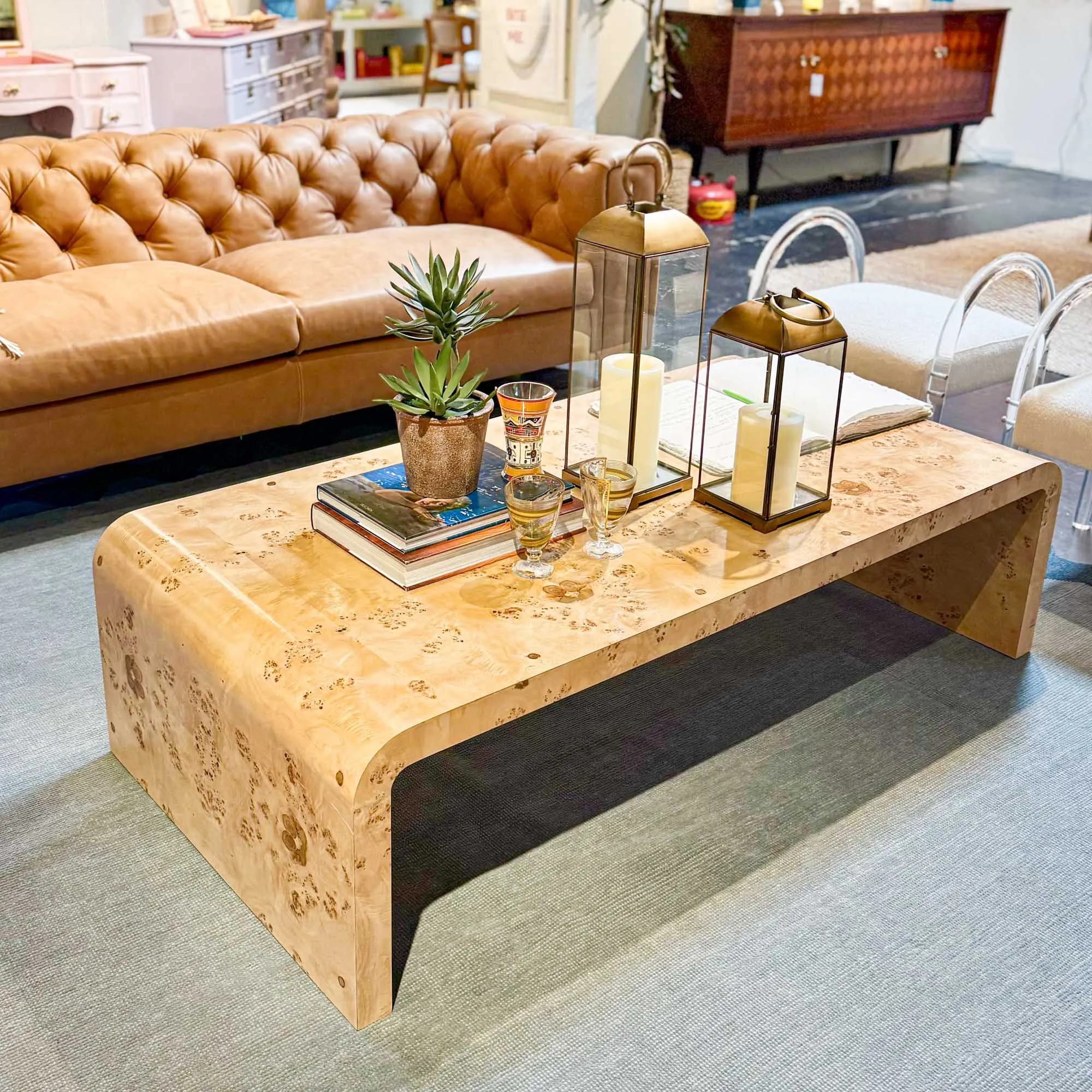 In Stock 61.5" Janus Waterfall Coffee Table in Golden Pecan Mappa Burl