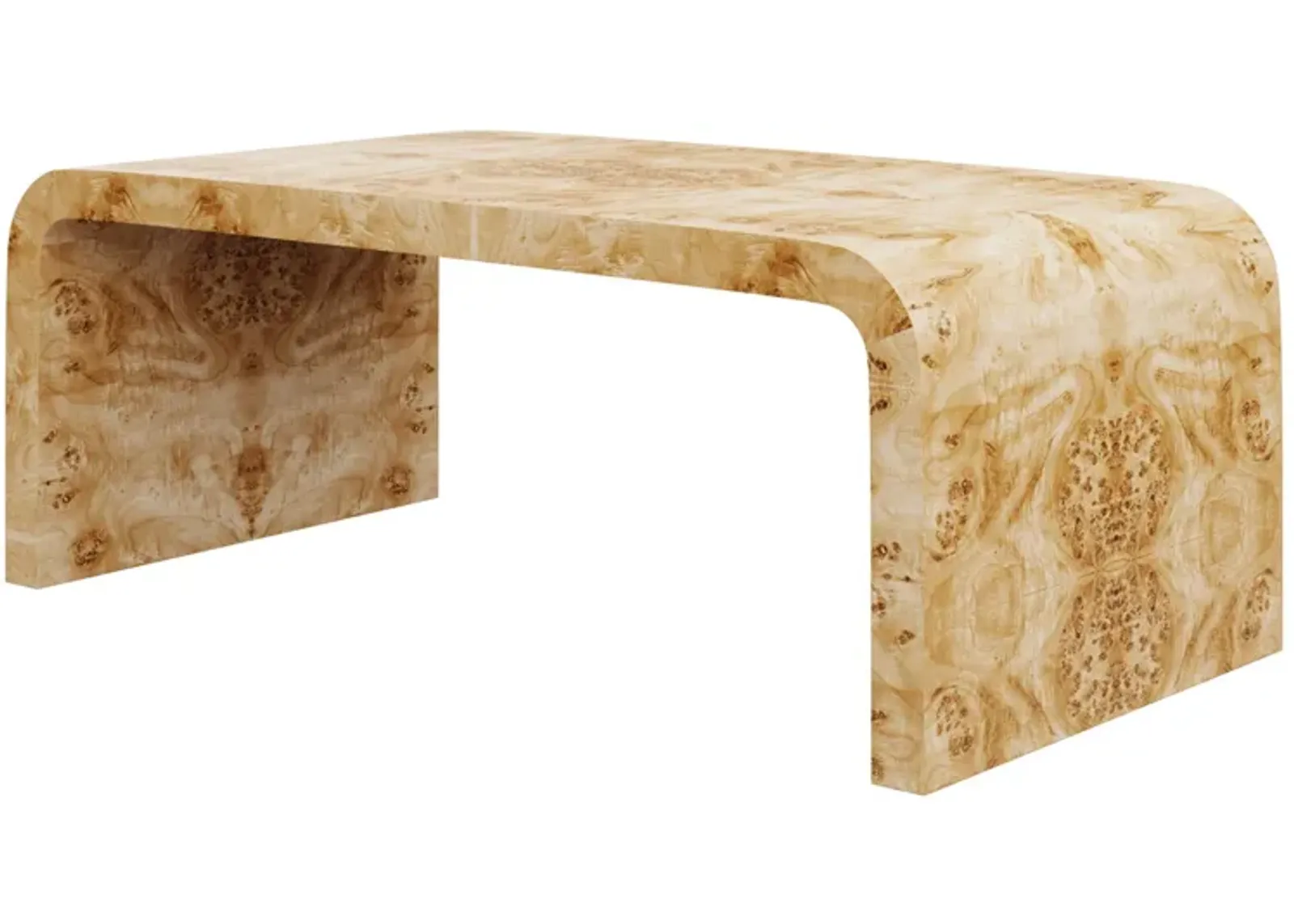 In Stock 61.5" Janus Waterfall Coffee Table in Golden Pecan Mappa Burl