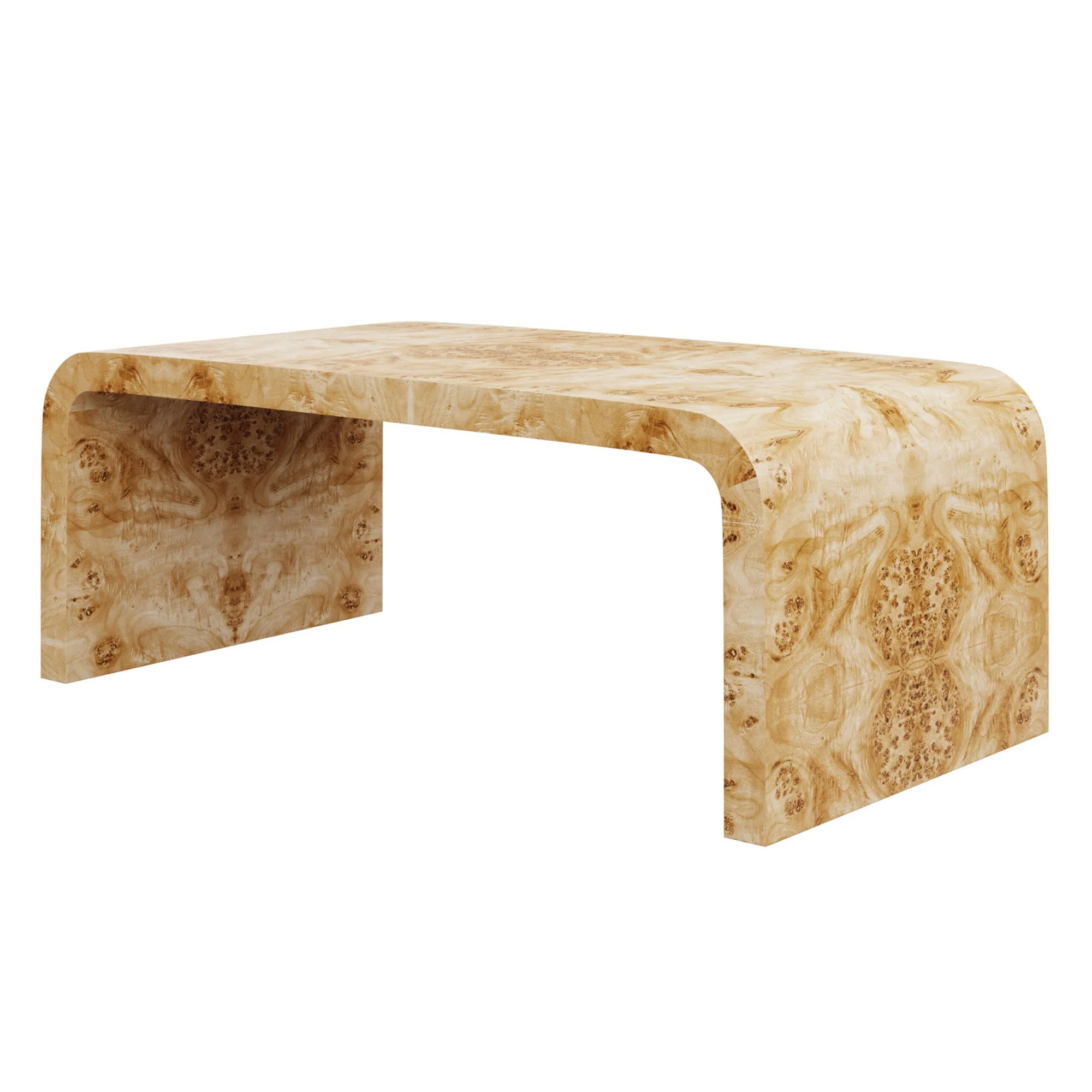 In Stock 61.5" Janus Waterfall Coffee Table in Golden Pecan Mappa Burl