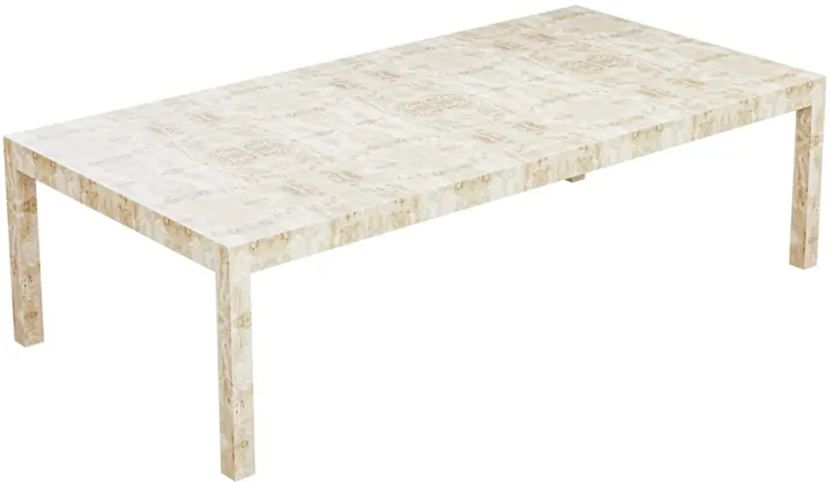 In Stock 84" Pierson Dining Table in White Washed Mappa Burl