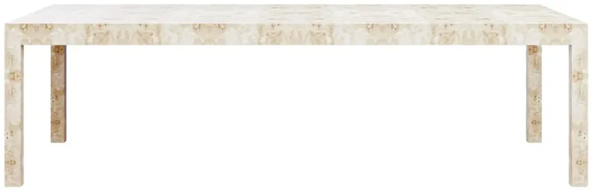 In Stock 84" Pierson Dining Table in White Washed Mappa Burl