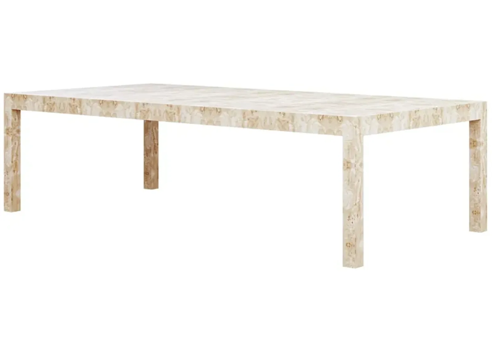 In Stock 84" Pierson Dining Table in White Washed Mappa Burl