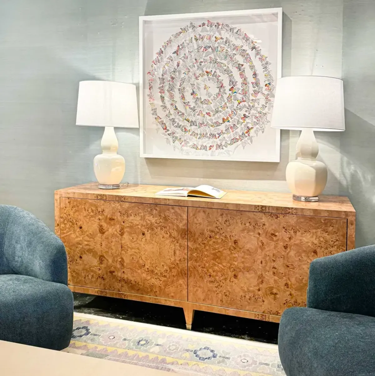 In Stock 72" Mallory Credenza in Golden Pecan Mappa Burl