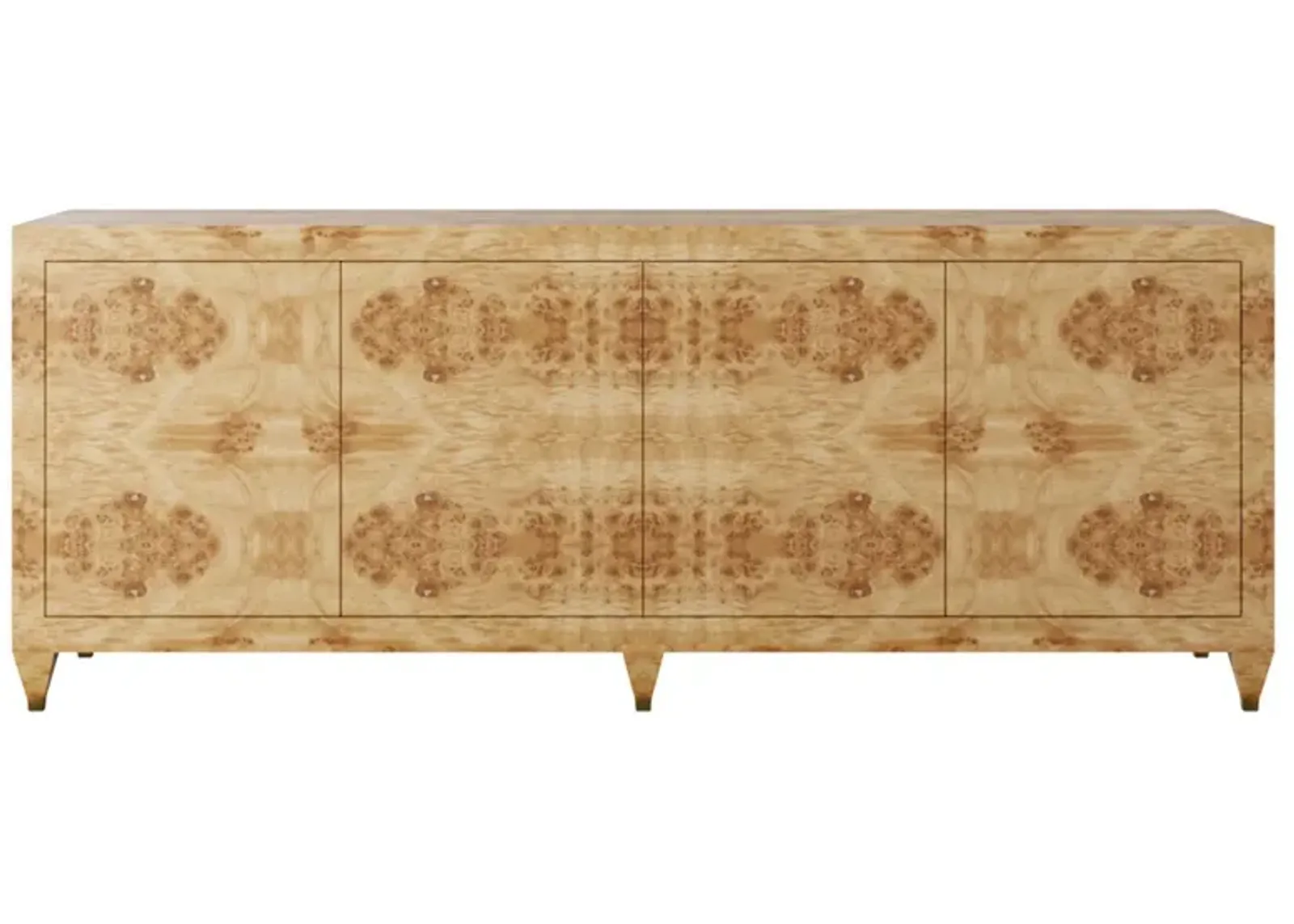 In Stock 72" Mallory Credenza in Golden Pecan Mappa Burl