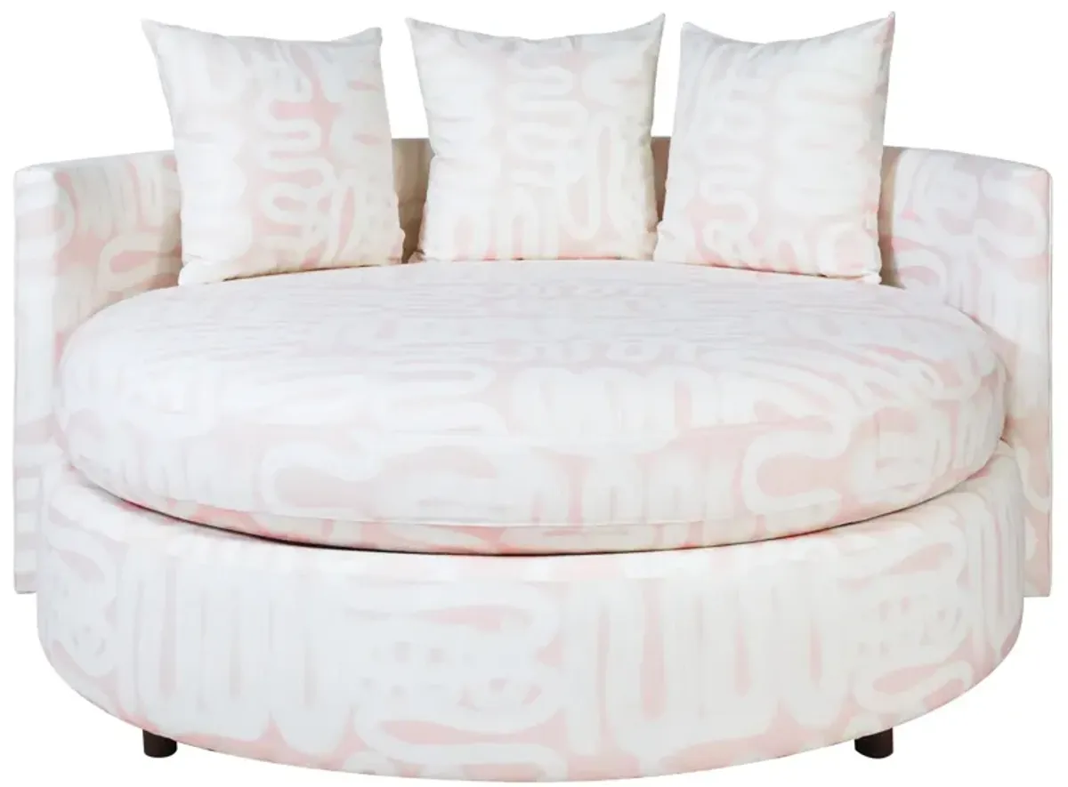 Large Round Double Chair Recovered in Squiggle White on Petal Fabric