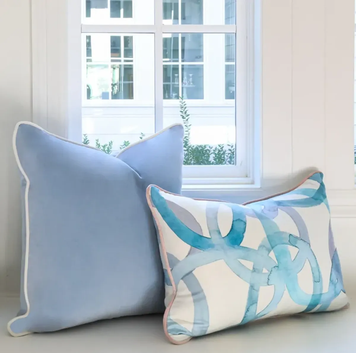 Medium Lumbar Pillow in Watercolor Circles Blues and Dolce Marshmallow