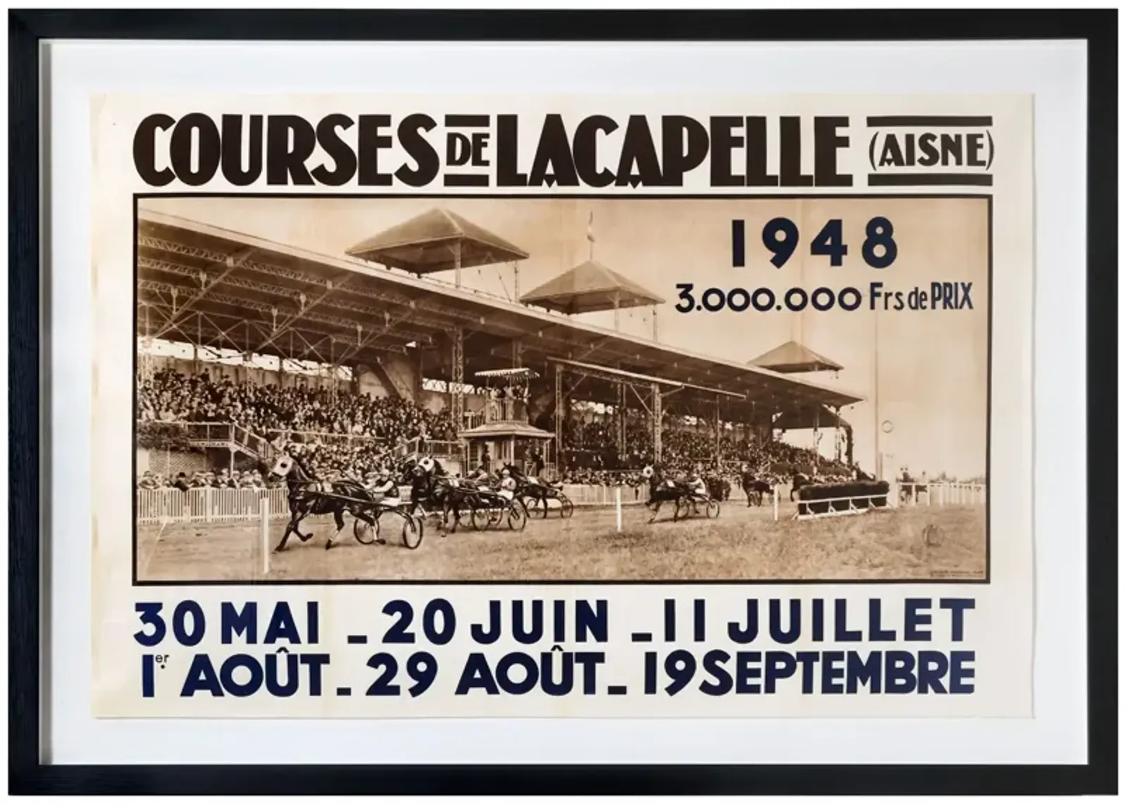 Framed 1948 French Horse Racing Poster - Courses de Lacapelle (Aisne)