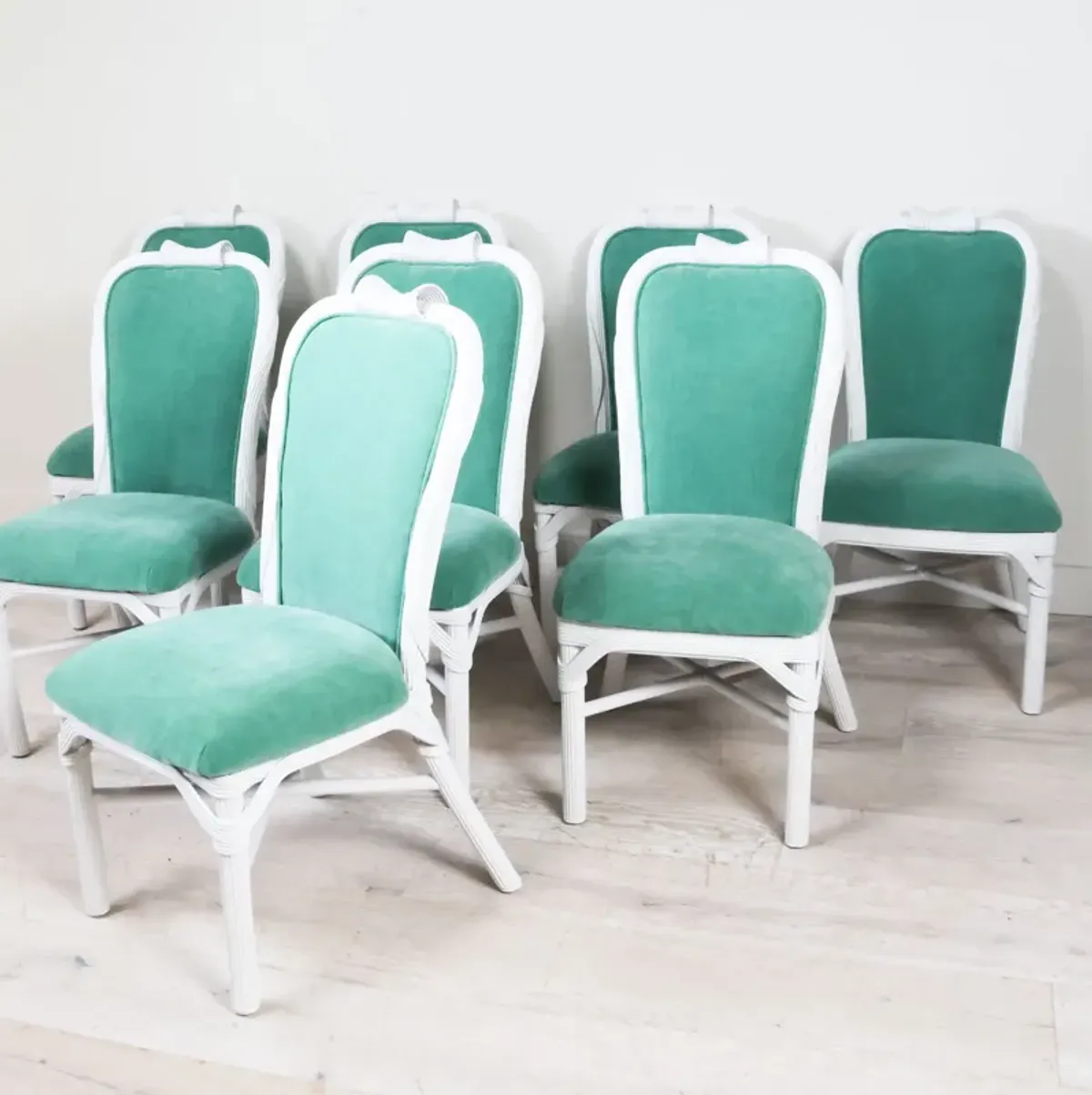 Refinished Set of 8 Dining Chairs in Spade Aqua Velvet