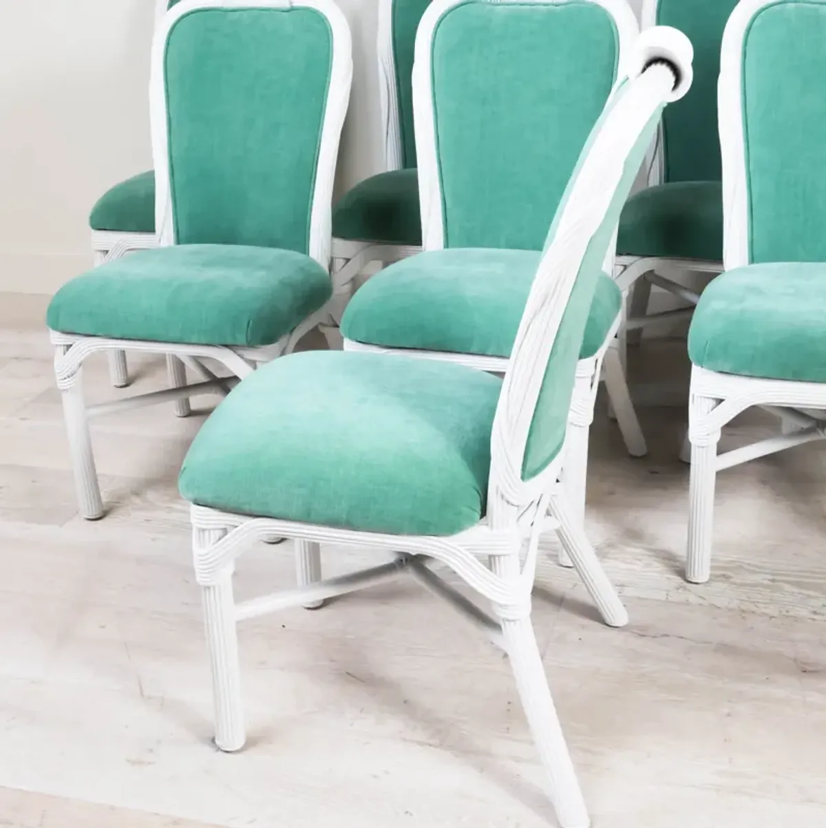 Refinished Set of 8 Dining Chairs in Spade Aqua Velvet