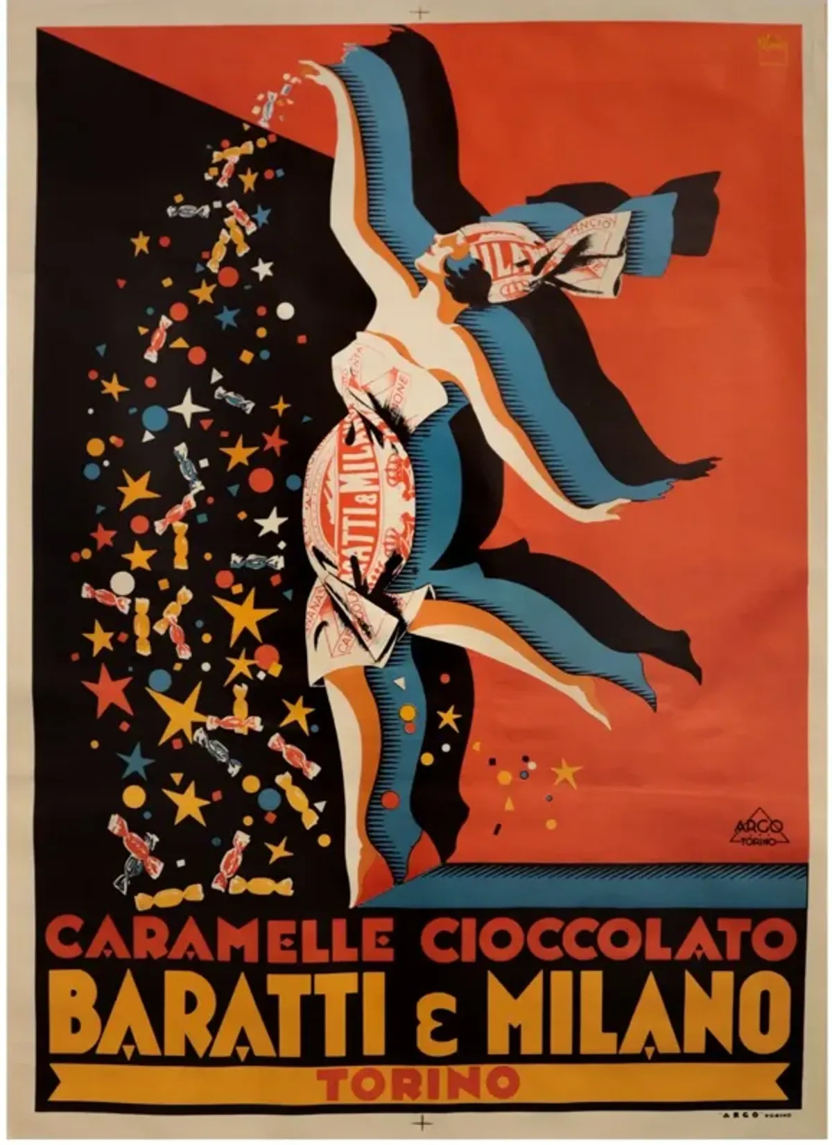 1928 Italian Art Deco Poster, Caramelle Cioccolato, Baratti & Milano (1970's Re-issue) by Pluto