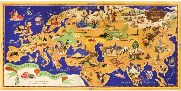 1954 French World Map Poster - Chocolat Menier by Jan-loup