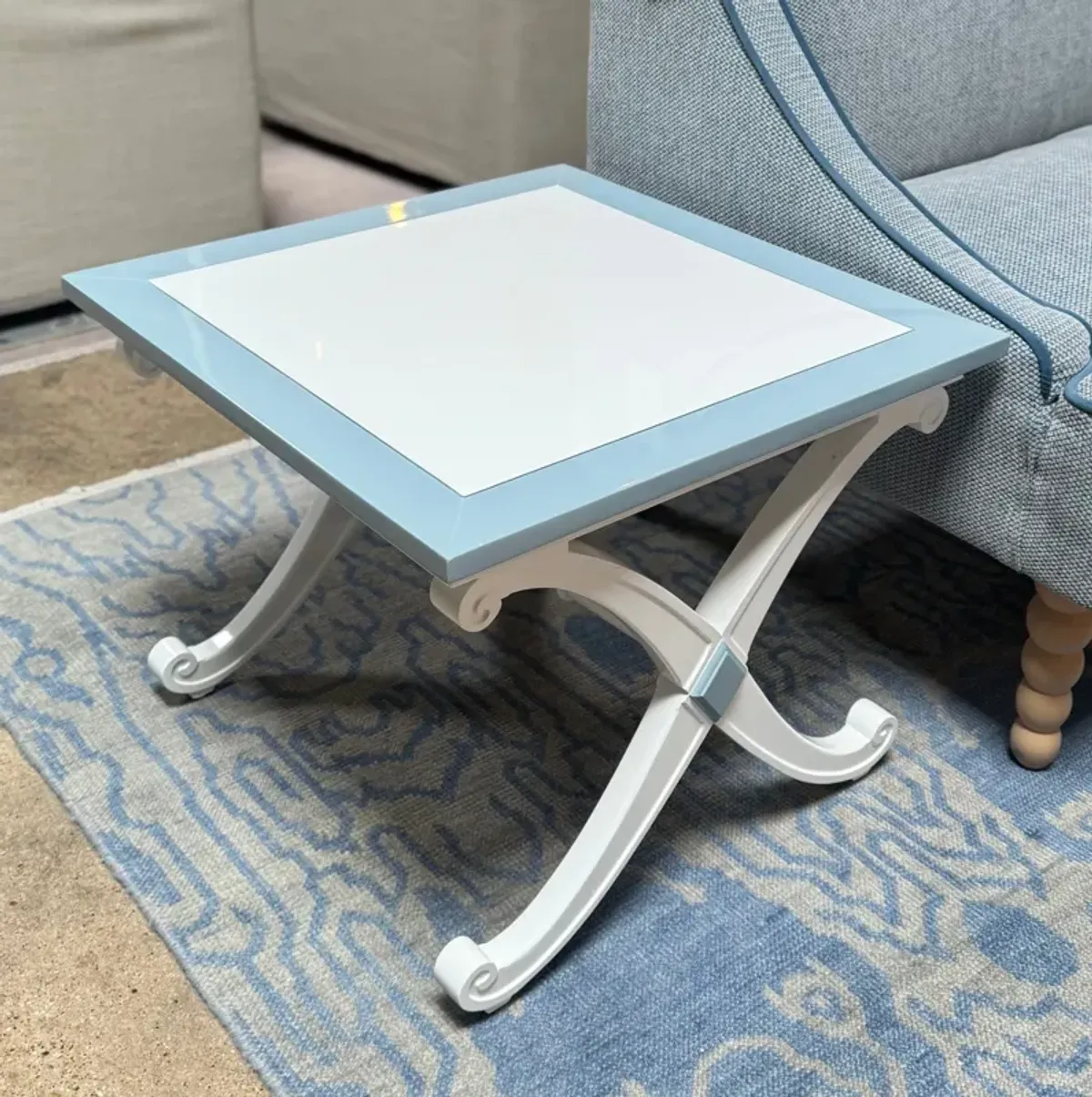 Pair of X Base End Tables Refinished in Meditative Blue & White Dove