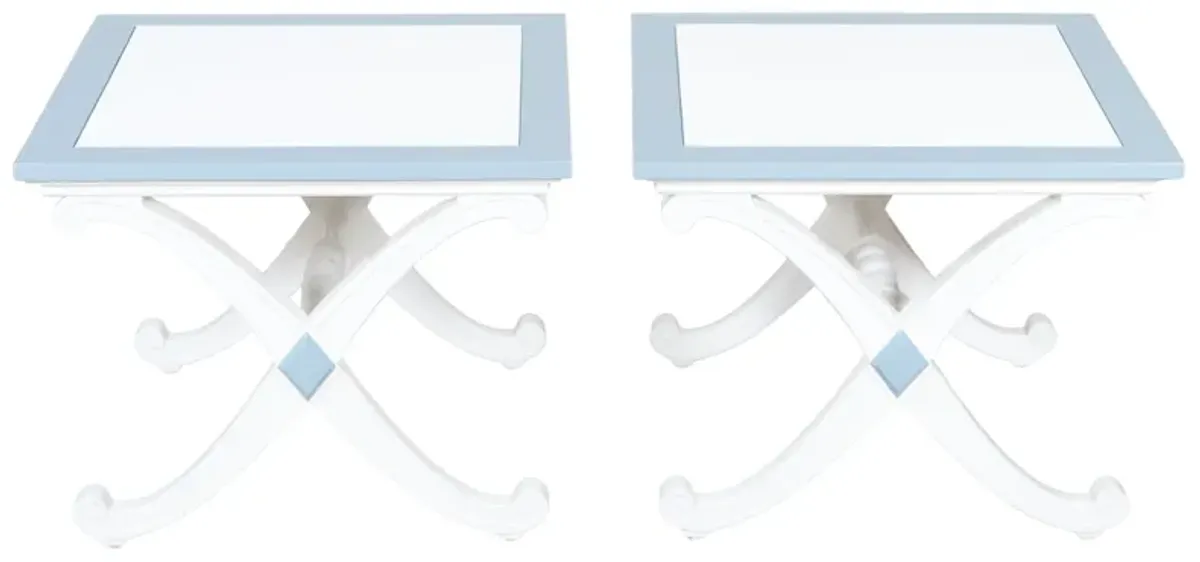 Pair of X Base End Tables Refinished in Meditative Blue & White Dove