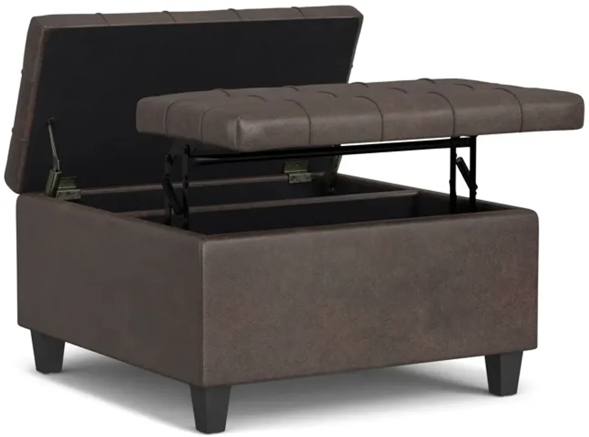 Harrison Small Square Coffee Table Storage Ottoman in Distressed Vegan Leather
