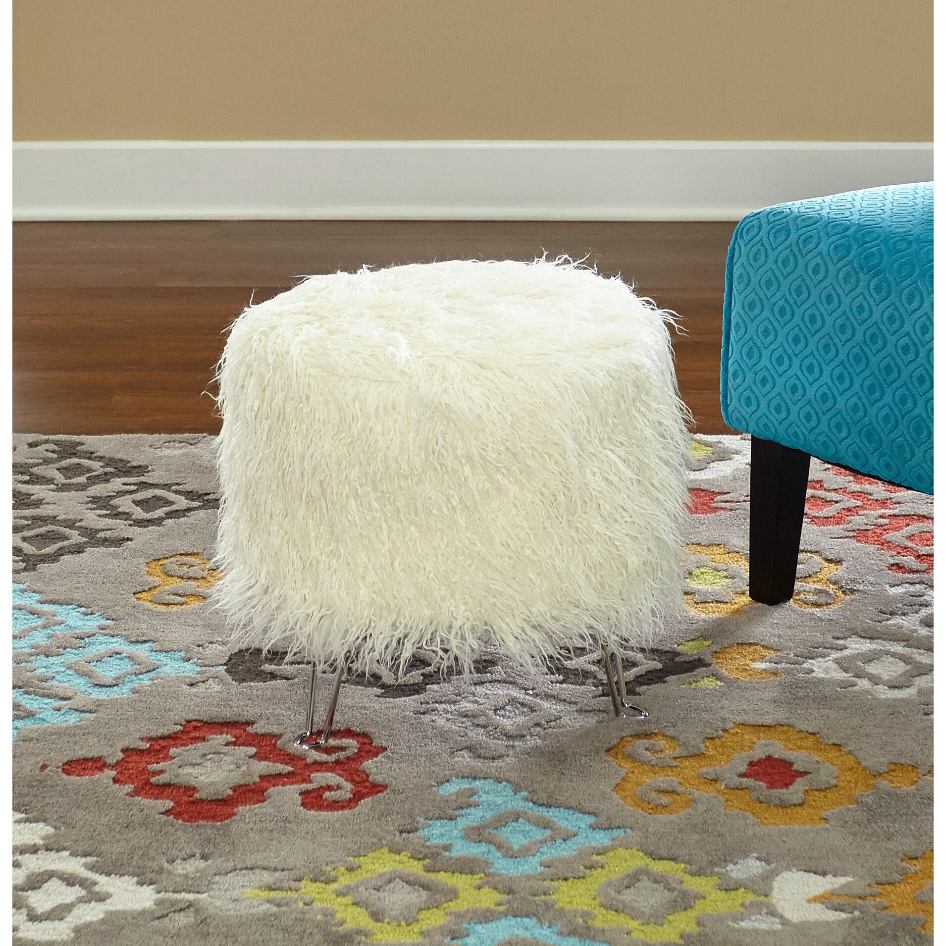 Powell | Picasso Faux Fur Stool | White