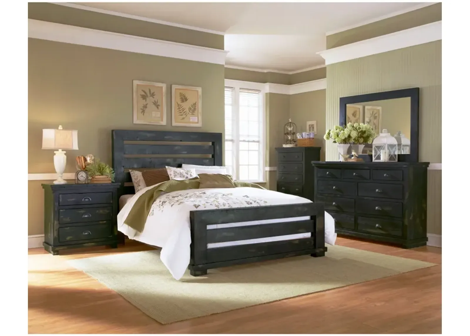 | California King Willow Slat 4 Piece Room Group | Distressed Black