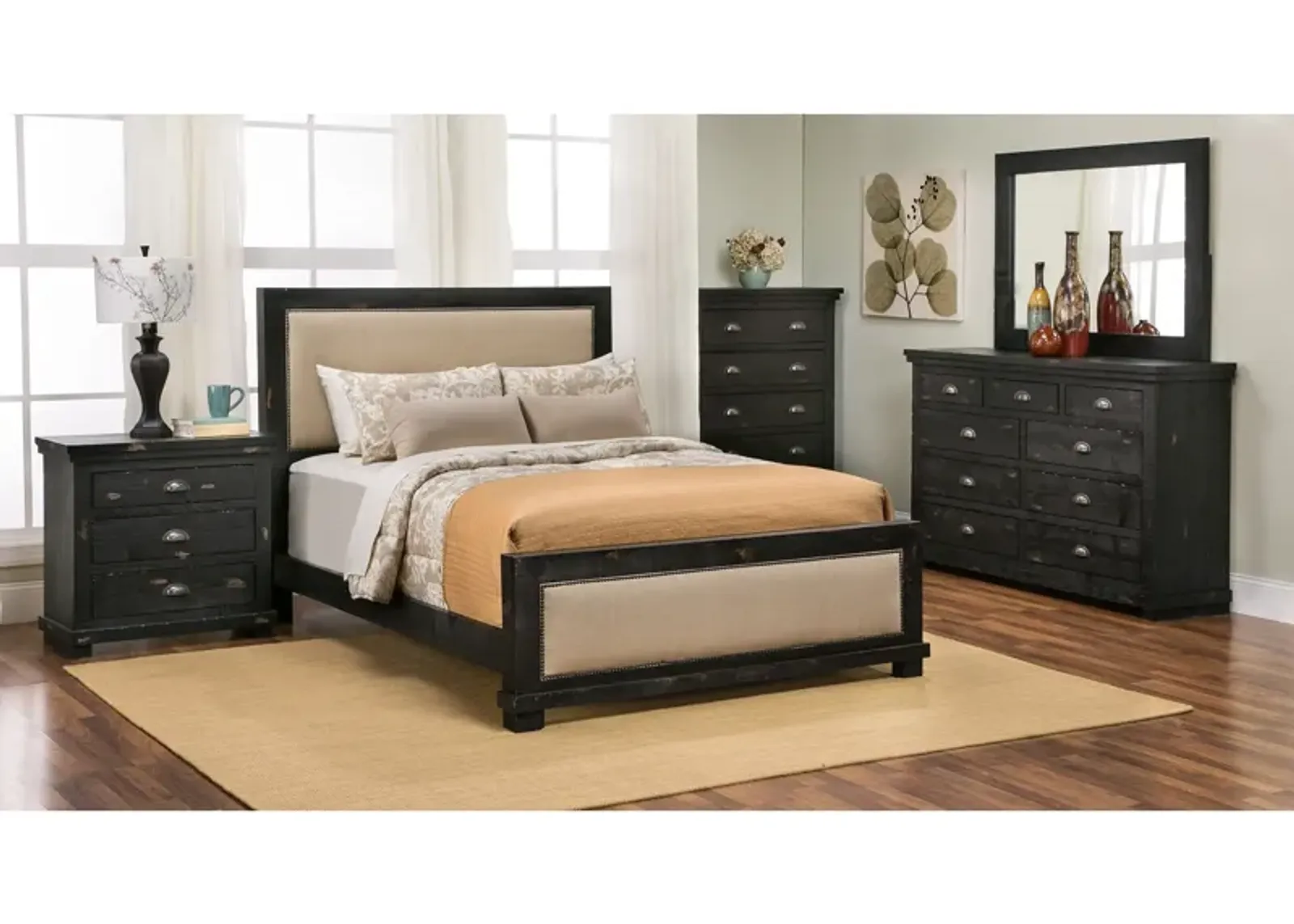 | California King Willow Upholstered 4 Piece Room Group | Distressed Black