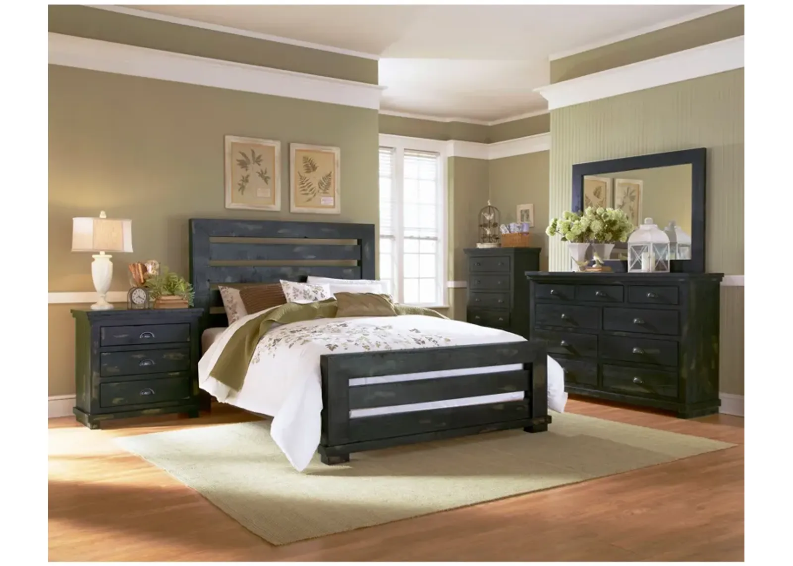 | King Willow Slat 4 Piece Room Group | Distressed Black