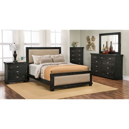Willow Distressed Black King Upholstered 4 Piece Room Group