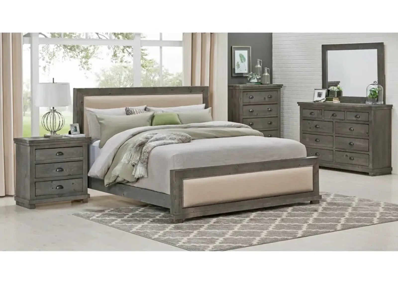 | California King Willow Upholstered 4 Piece Room Group | Distressed Gray