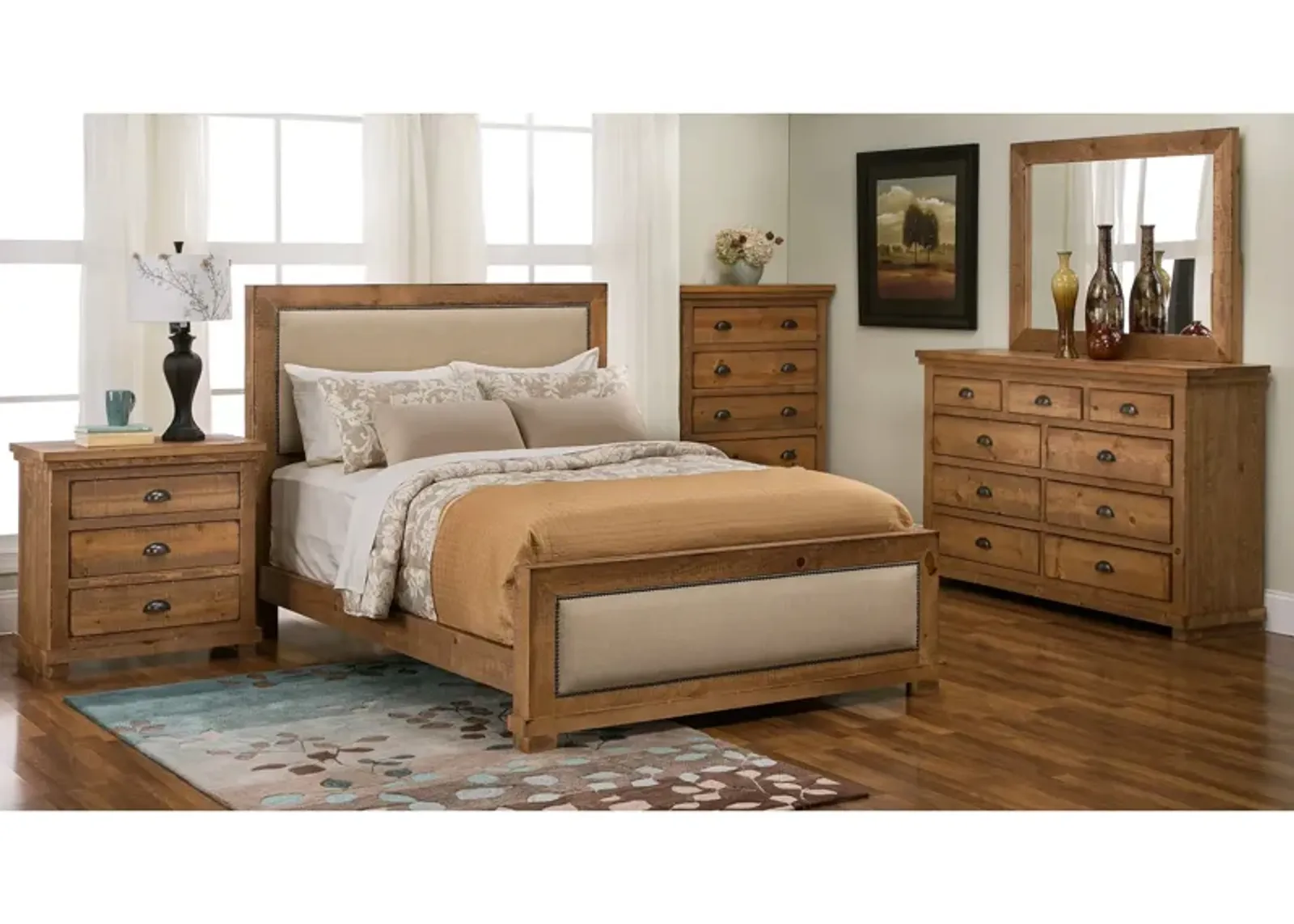 | California King Willow Upholstered 4 Piece Room Group | Distressed Pine