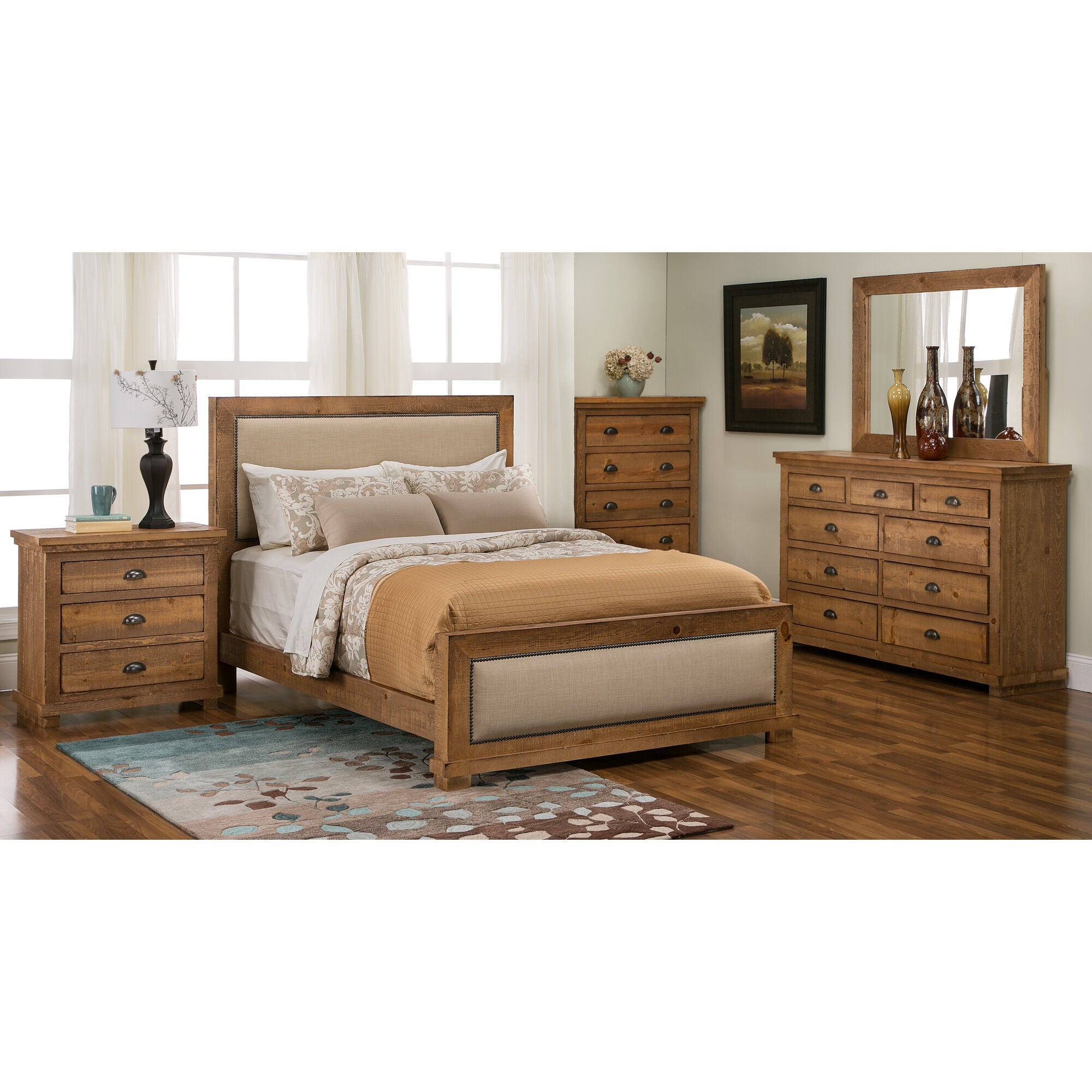 Progressive Furniture | King Willow Upholstered 4 Piece Room Group | Distressed Pine