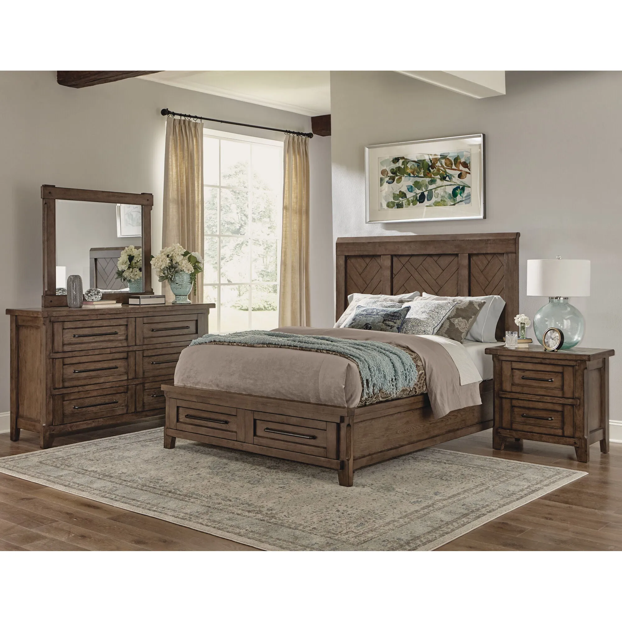 Davis Direct | Queen Patches Panel Storage 4 Piece Room Group | Gray Brown