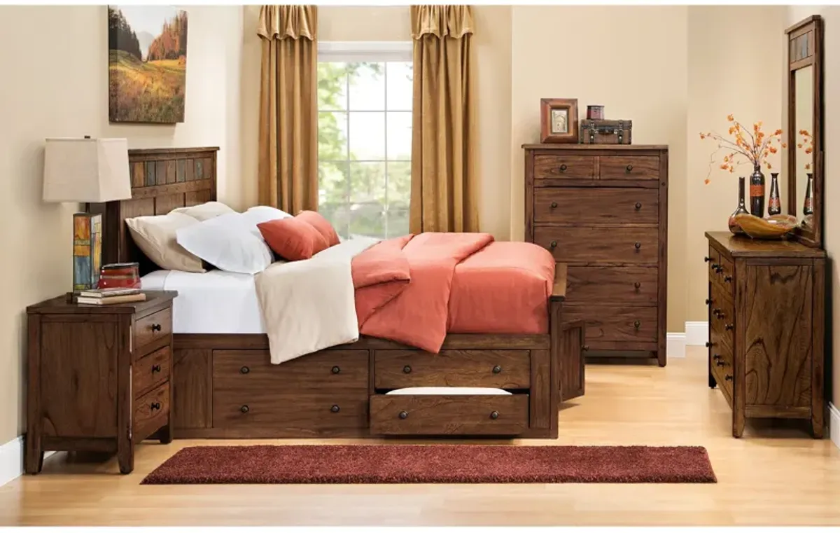 | Queen Sante Fe Panel Captains 4 Piece Room Group | Rustic Oak