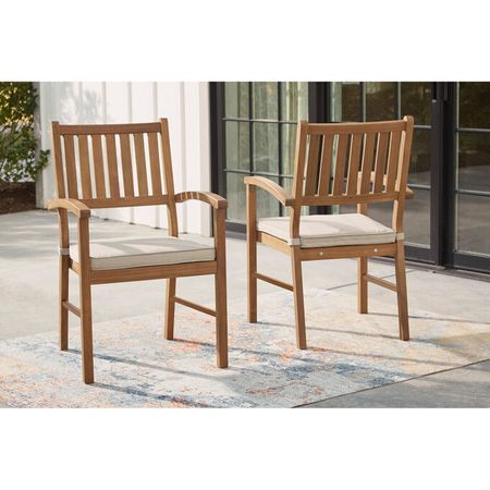 Janiyah Light Brown Set of 2 Outdoor Slat Dining Arm Chairs