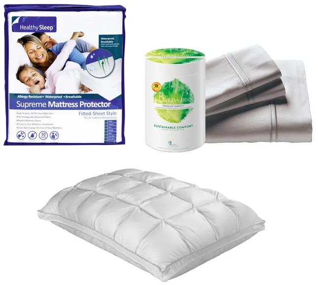 Bamboo Queen Sheet Mattress Protector Pillow Bundle 