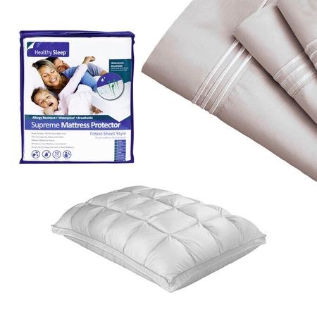 Supima Cotton Queen Sheet Mattress Protector Pillow Bundle 