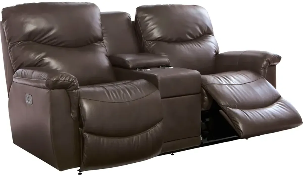 James Leather Power Plus Reclining Console Loveseat