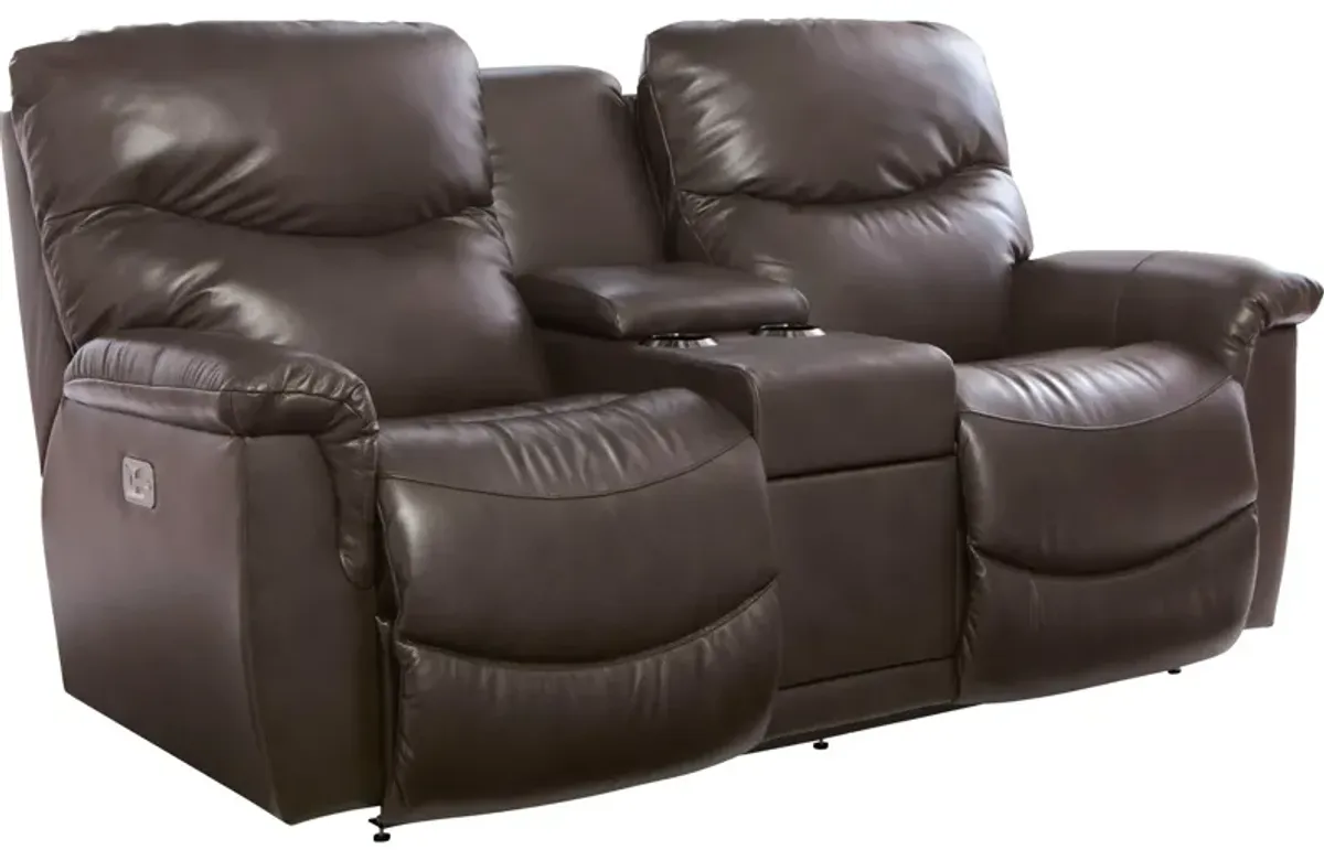 James Leather Power Plus Reclining Console Loveseat