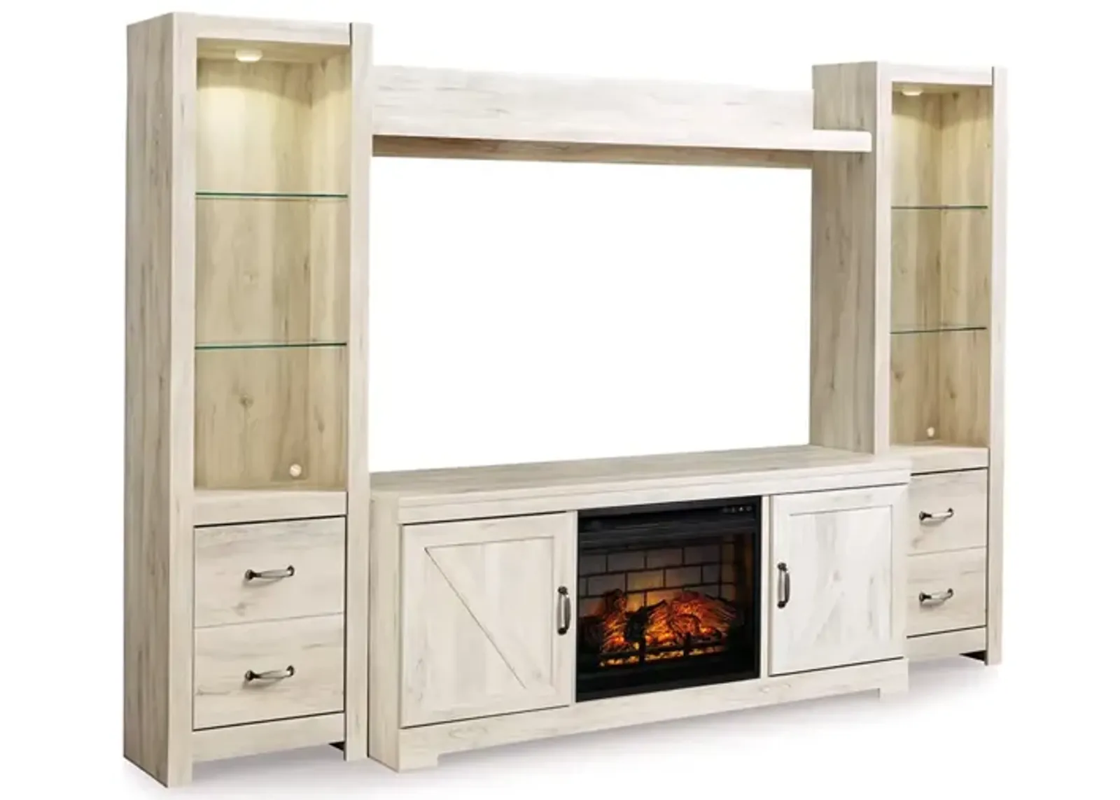 Ashley Furniture | Bellaby 4 Piece 63" Electric Fireplace Entertainment Center | Whitewash