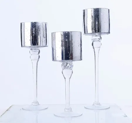 Set of 3 Silver Mercury Glass Candleholders 12/14/15.5"H